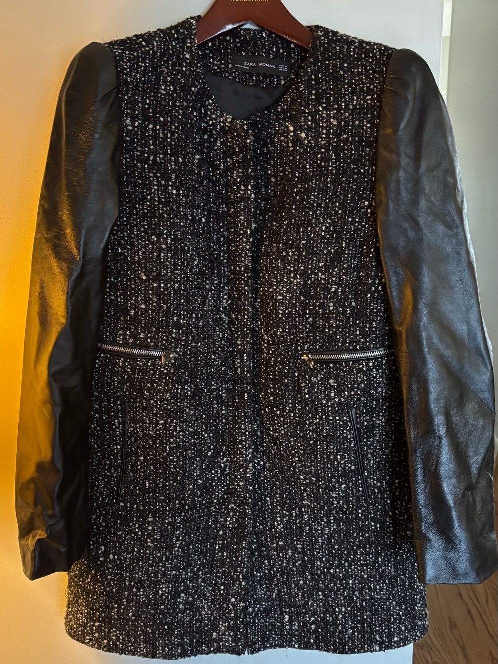 Zara Black Tweed Coat with Black Faux Leather Sleeves
